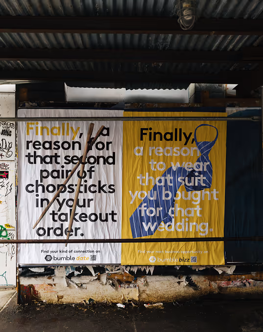 Credit: Maison Mockups. Two Bumble ads: one with chopsticks on white, one with a blue tie on yellow, promoting dating and business.