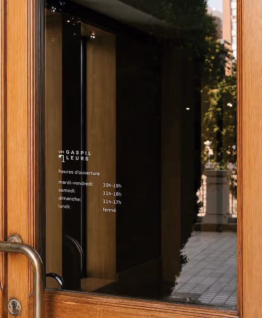 credit chat gpt
mockup of storefront window for les gaspilleurs with opening hours