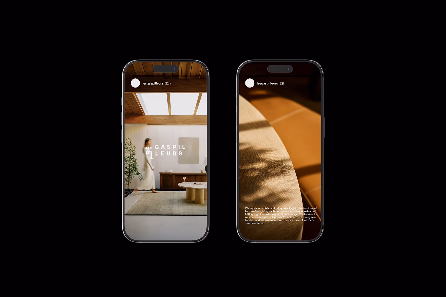 Credit ChatGPT. Two smartphones mockup showing an Instagram story by lesgaspilleurs with home interior and text about furniture restoration.