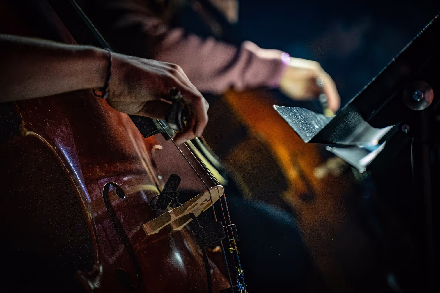 Credit Unsplash Rob Simmons
Close-up of a musician's hands playing a cello in dim lighting with a music stand visible.