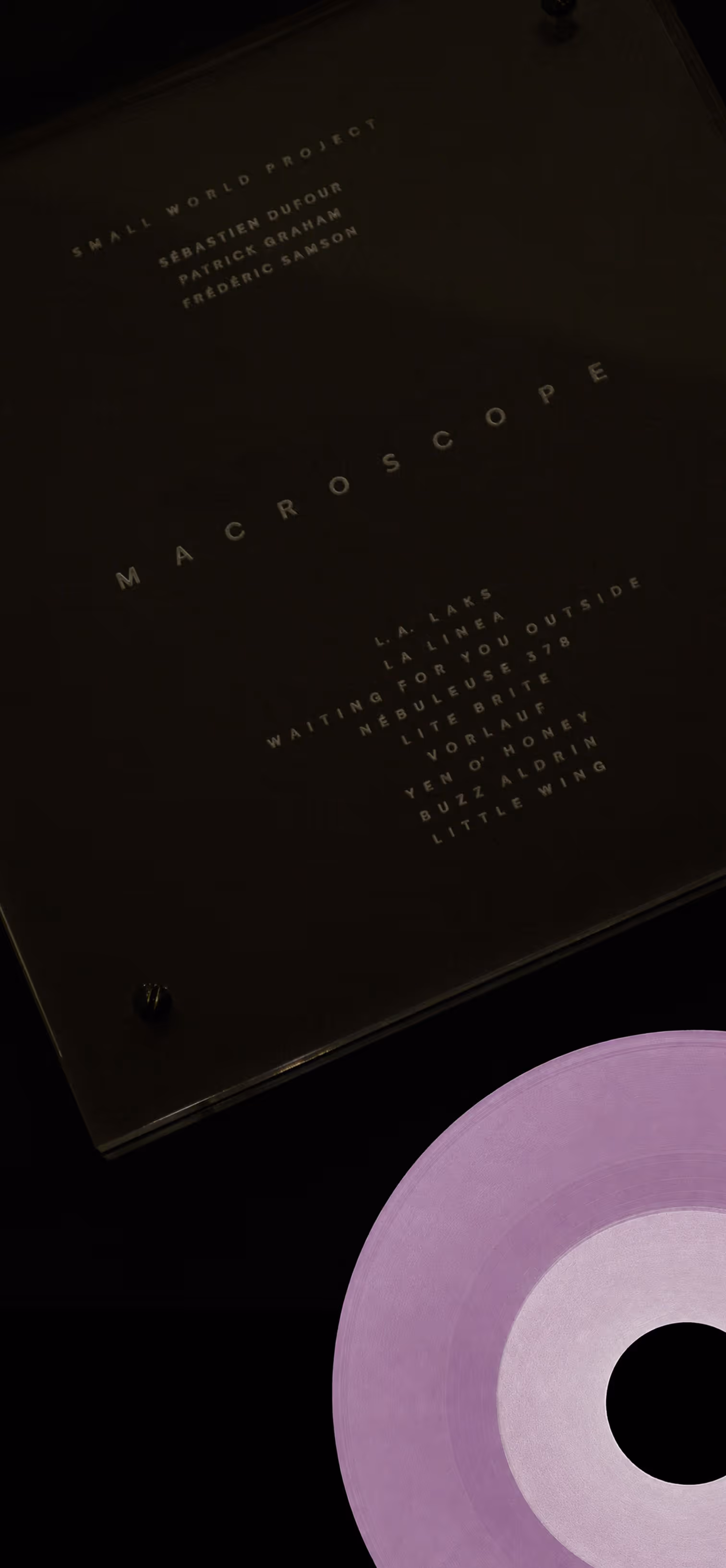 Credit Emilia Piazza
Black plexi glass vinyl record case above and purple vinyl record partially visible below. 