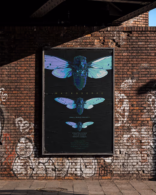 Credit:MMockups. Macroscope poster on brick wall showing three cyan blue moth illustrations stacked vertically with text below each.