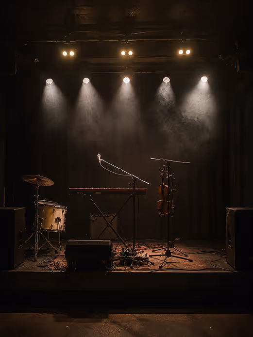 Credit ChatGPT
Empty dimly lit stage with a drum set, keyboard, microphone, violin, and spotlights overhead.