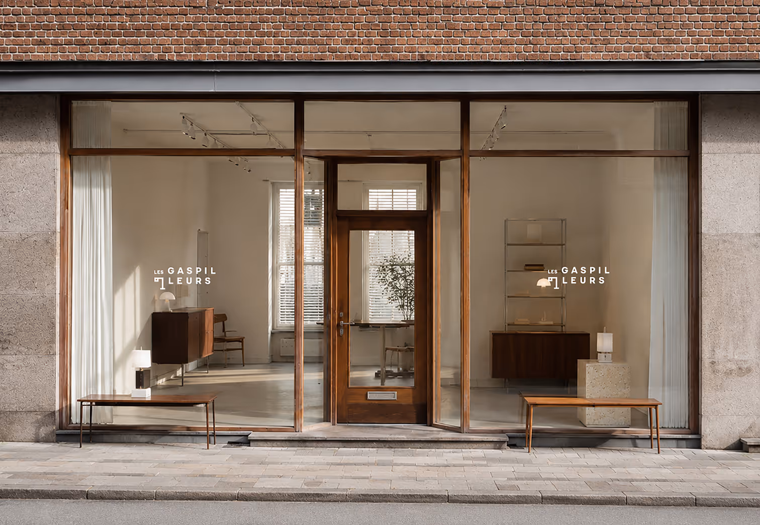 Credit Chat GPT. Storefront mockup with Les Gaspilleurs logo on the windows.